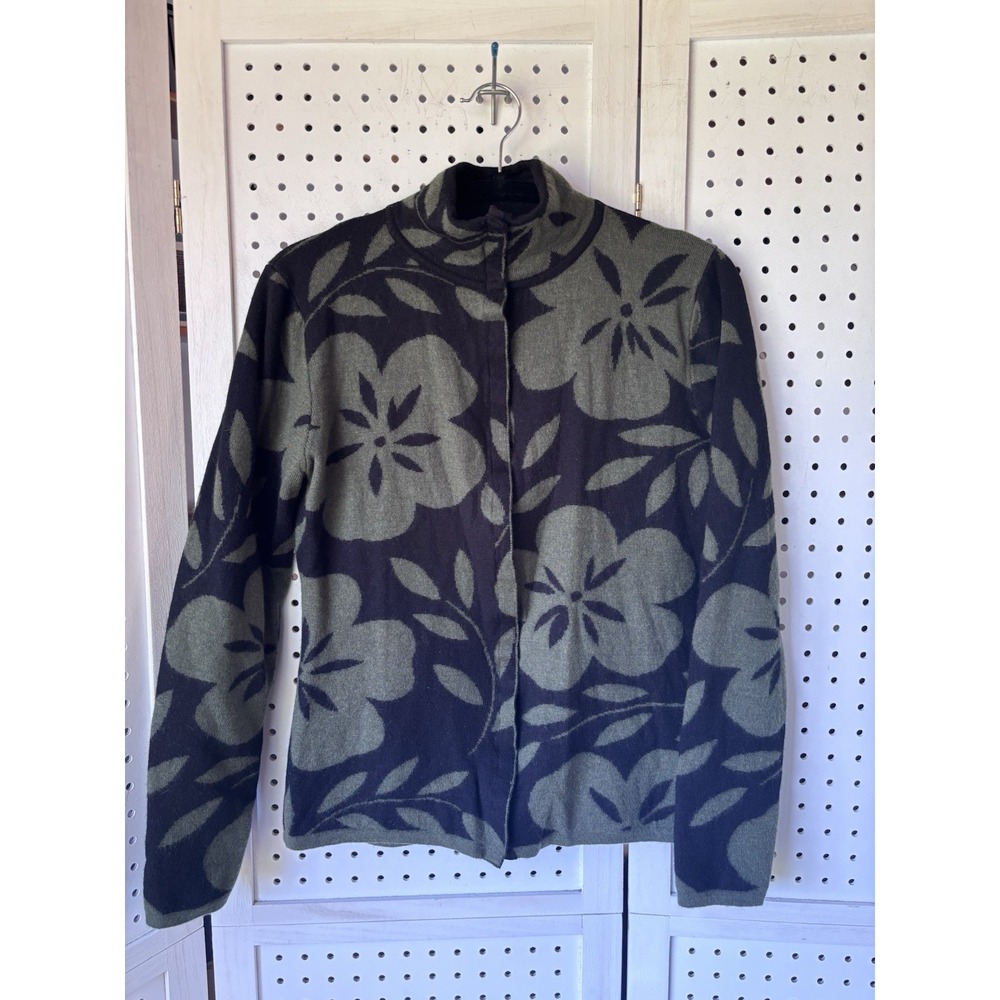 Neve Designs Wool Cardigan Sweater Snap Front Green Black Floral Womens M